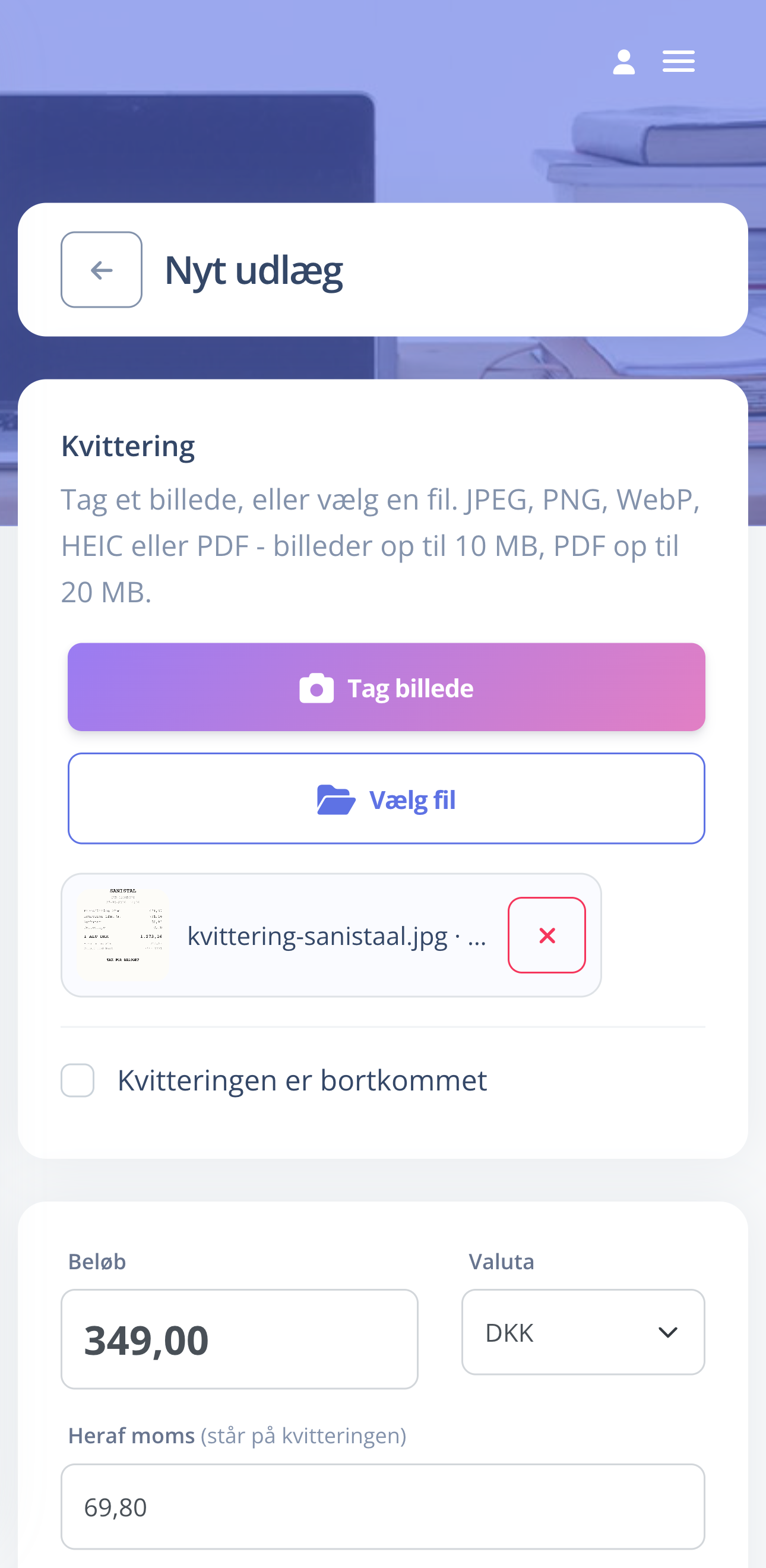 Tag et billede af kvitteringen med telefonen